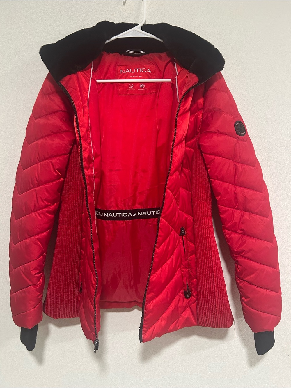 Nautica Bold Red Quilted Puffer Jacket with Black Faux Fur Collar